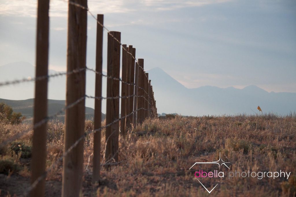 wooden fence posts and mountain backdrop